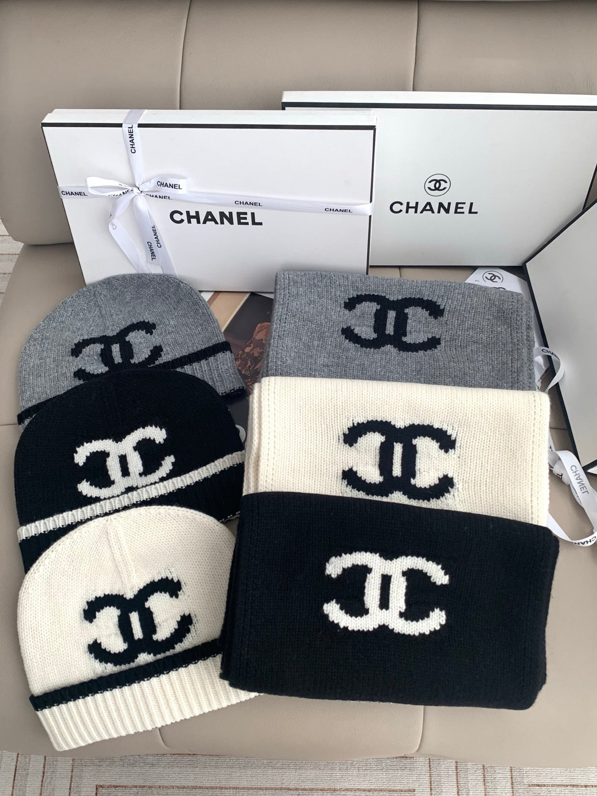 Chanel Style Logo Knit Scarf and Beanie Set