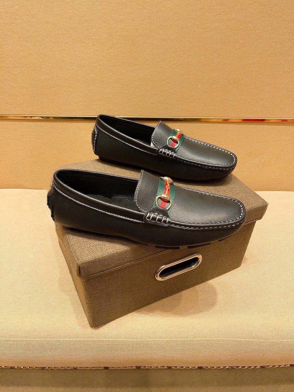 Gucci Black Loafers with Red and Green Strap